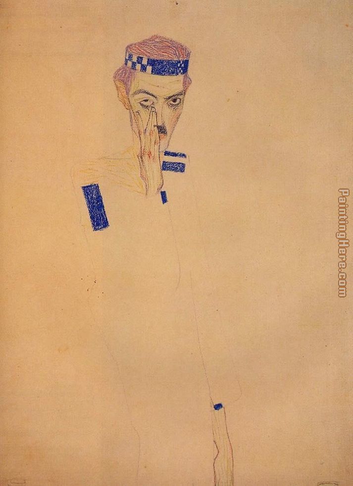 Man with Blue Headband and Hand on Cheek painting - Egon Schiele Man with Blue Headband and Hand on Cheek art painting